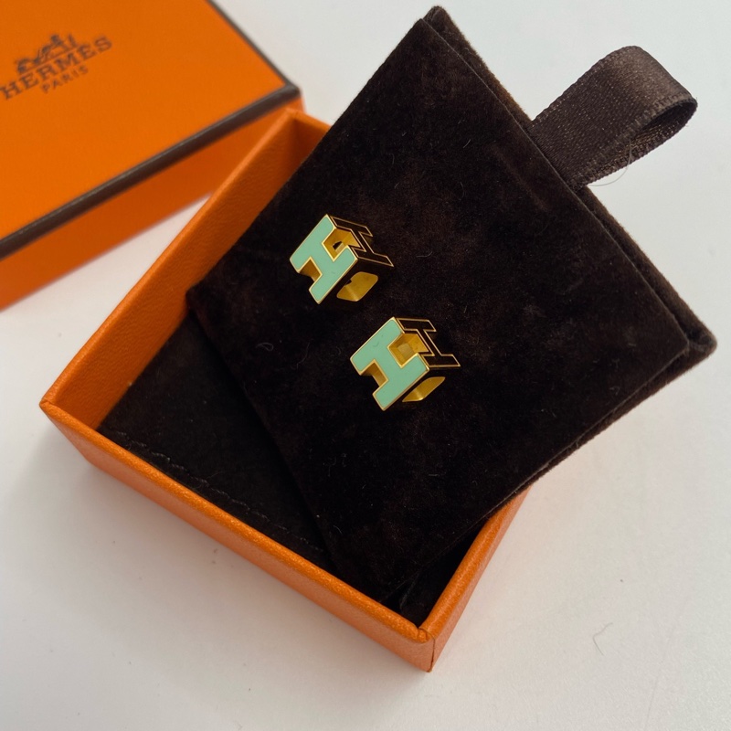 Hermès 愛馬仕 經典Cage 薄荷綠色配金色立體方塊琺瑯耳釘-2