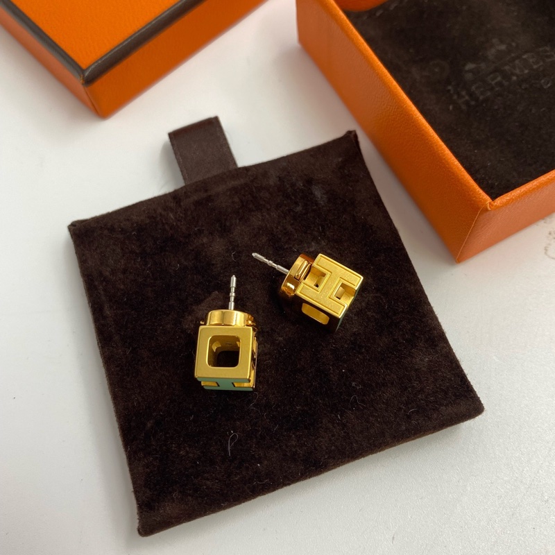 Hermès 愛馬仕 經典Cage 薄荷綠色配金色立體方塊琺瑯耳釘-4