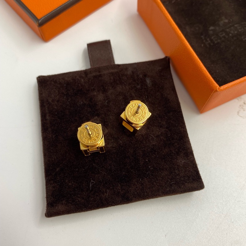 Hermès 愛馬仕 經典Cage 薄荷綠色配金色立體方塊琺瑯耳釘-6