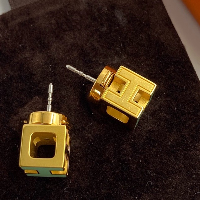 Hermès 愛馬仕 經典Cage 薄荷綠色配金色立體方塊琺瑯耳釘-7
