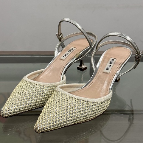MiuMiu繆繆 女款銀色網紗閃片高跟鞋 37.5碼 🈚附件