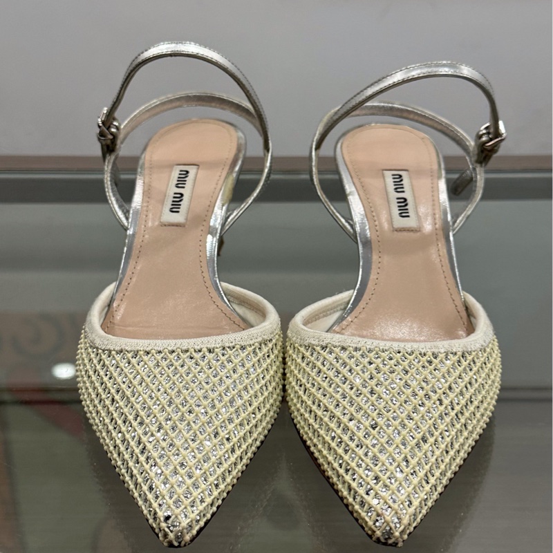 MiuMiu繆繆 女款銀色網紗閃片高跟鞋 37.5碼 🈚附件-1