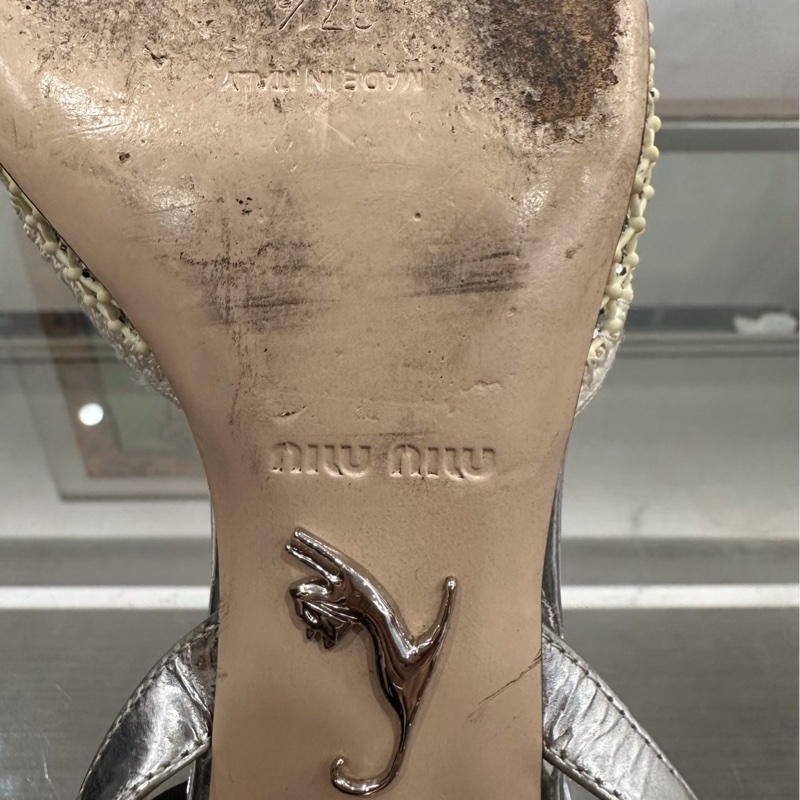 MiuMiu繆繆 女款銀色網紗閃片高跟鞋 37.5碼 🈚附件-6