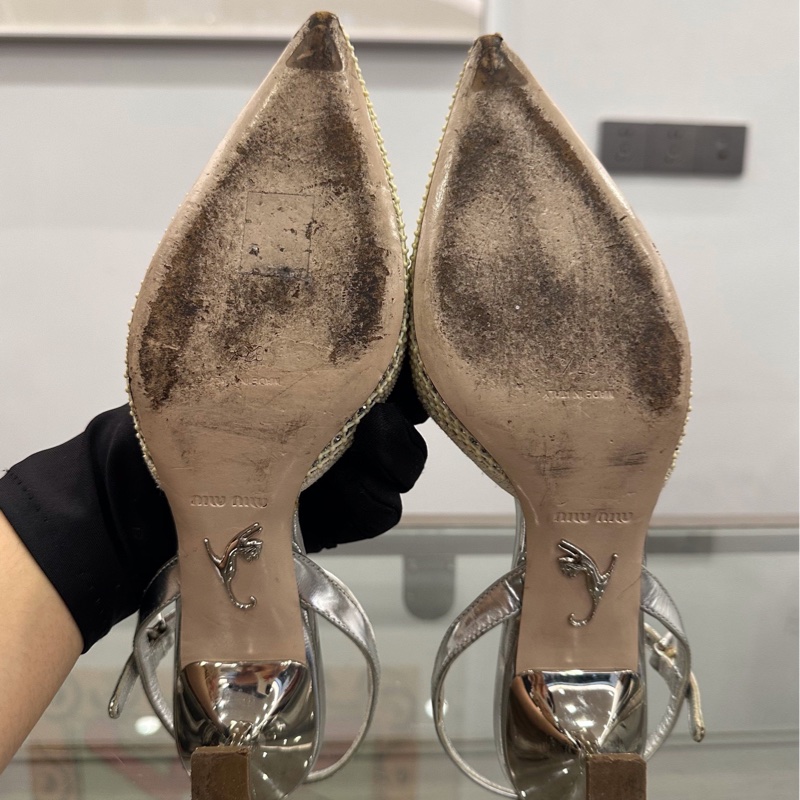 MiuMiu繆繆 女款銀色網紗閃片高跟鞋 37.5碼 🈚附件-7