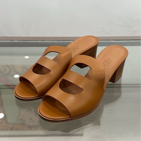 閒置未使用 Hermes愛馬仕 棕色豬鼻子logo女款高跟涼鞋5cm 37碼