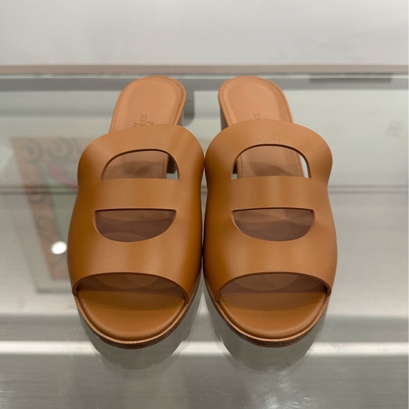 閒置未使用 Hermes愛馬仕 棕色豬鼻子logo女款高跟涼鞋5cm 37碼-1