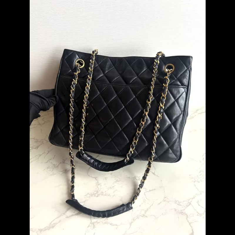 【LA LUNE】稀有中古包 Chanel黑色皮革托特包 單肩包 側背包 二手包 古董包-0