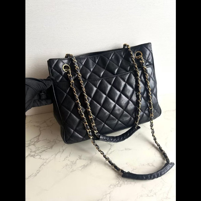【LA LUNE】稀有中古包 Chanel黑色皮革托特包 單肩包 側背包 二手包 古董包-1