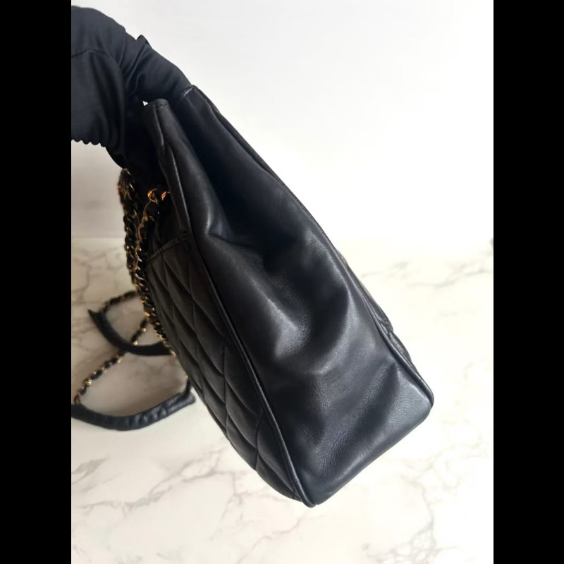 【LA LUNE】稀有中古包 Chanel黑色皮革托特包 單肩包 側背包 二手包 古董包-3