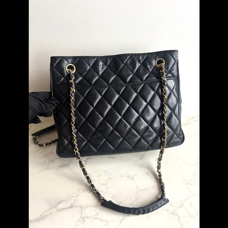 【LA LUNE】稀有中古包 Chanel黑色皮革托特包 單肩包 側背包 二手包 古董包-4