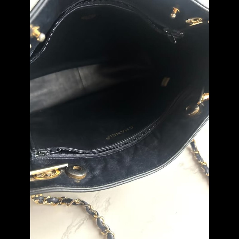 【LA LUNE】稀有中古包 Chanel黑色皮革托特包 單肩包 側背包 二手包 古董包-6