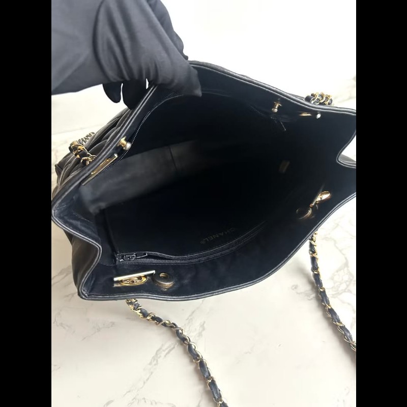 【LA LUNE】稀有中古包 Chanel黑色皮革托特包 單肩包 側背包 二手包 古董包-7