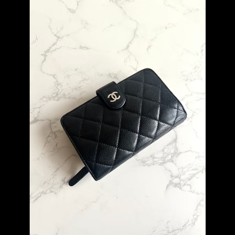 【LA LUNE】Chanel黑銀扣魚子醬皮革中夾 錢包 皮夾 卡片 零錢包 中古包 二手-0