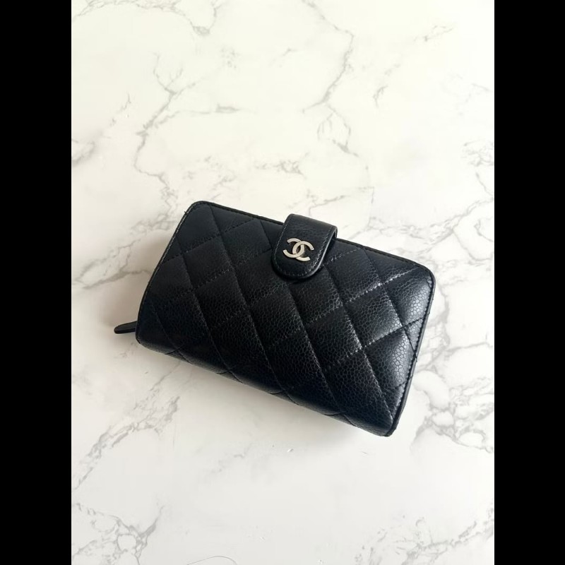 【LA LUNE】Chanel黑銀扣魚子醬皮革中夾 錢包 皮夾 卡片 零錢包 中古包 二手-1