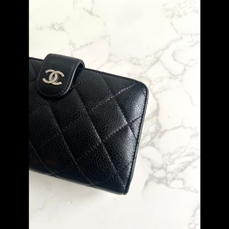 【LA LUNE】Chanel黑銀扣魚子醬皮革中夾 錢包 皮夾 卡片 零錢包 中古包 二手-2