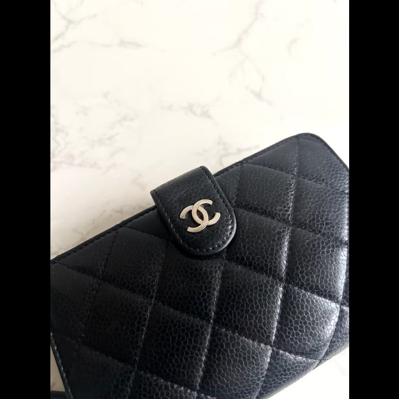 【LA LUNE】Chanel黑銀扣魚子醬皮革中夾 錢包 皮夾 卡片 零錢包 中古包 二手-3