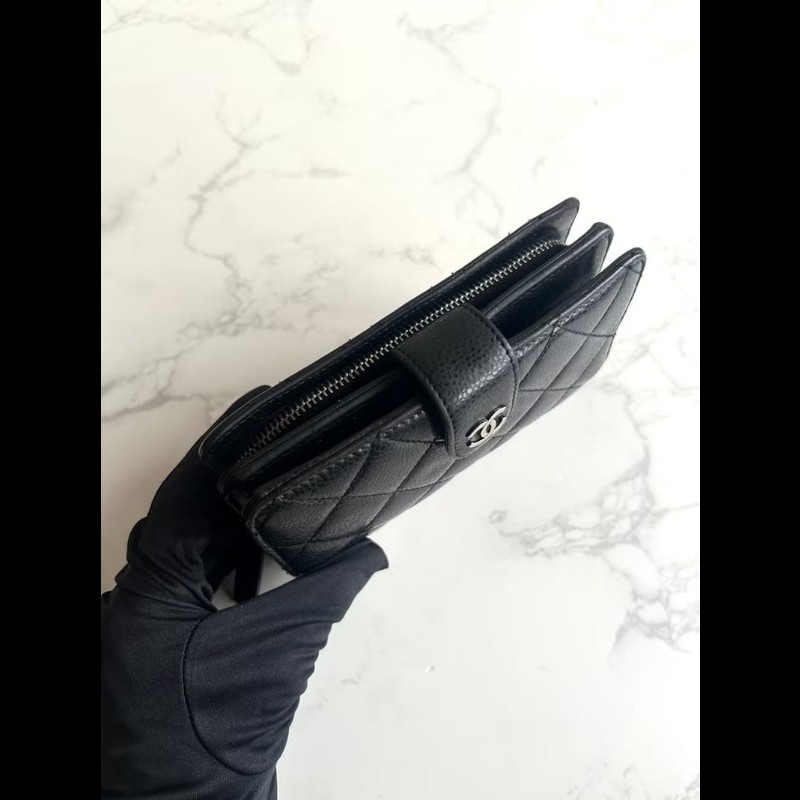 【LA LUNE】Chanel黑銀扣魚子醬皮革中夾 錢包 皮夾 卡片 零錢包 中古包 二手-4