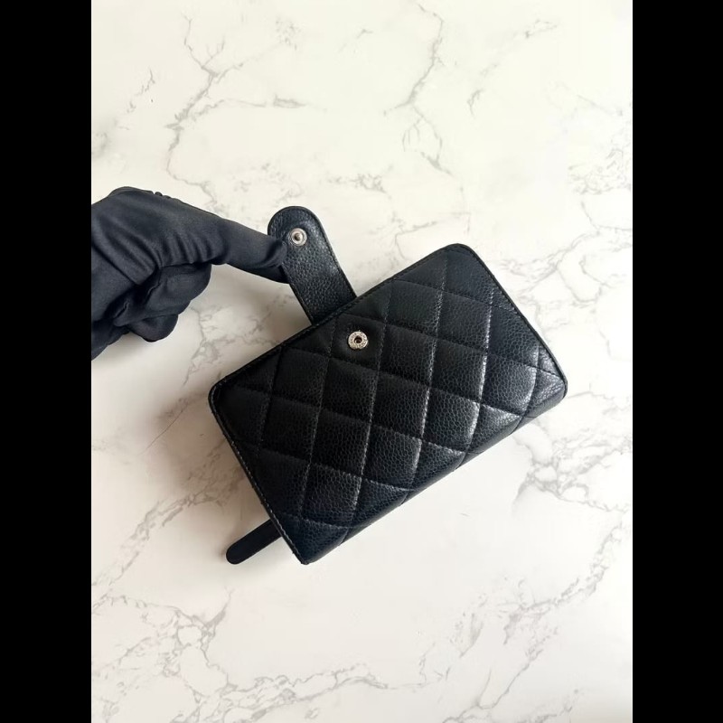 【LA LUNE】Chanel黑銀扣魚子醬皮革中夾 錢包 皮夾 卡片 零錢包 中古包 二手-7