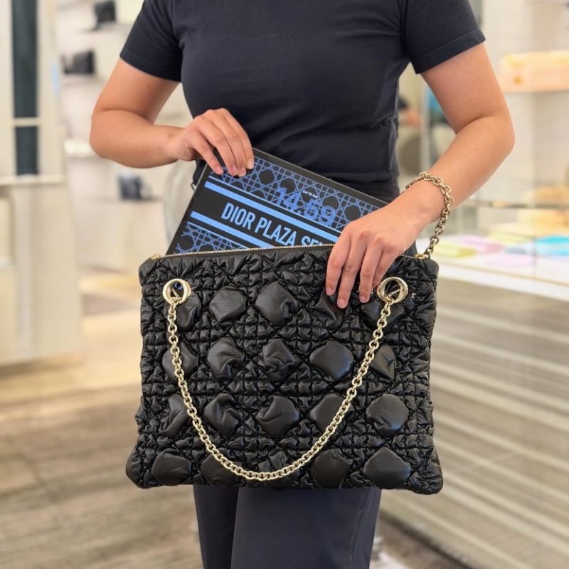 ⏰限時特賣價🌺Dior Crunchy 中款 Macrocannage 蓬鬆柔軟大籐格紋小牛皮包 黑色-3