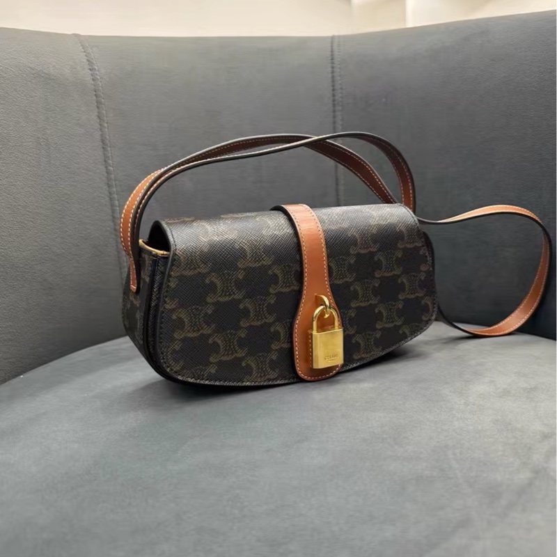 精緻小巧99新🆕Celine賽琳凱旋門老花金色鎖頭腋下包單肩手提包-11