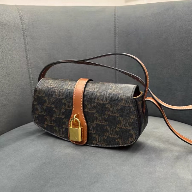 精緻小巧99新🆕Celine賽琳凱旋門老花金色鎖頭腋下包單肩手提包-12