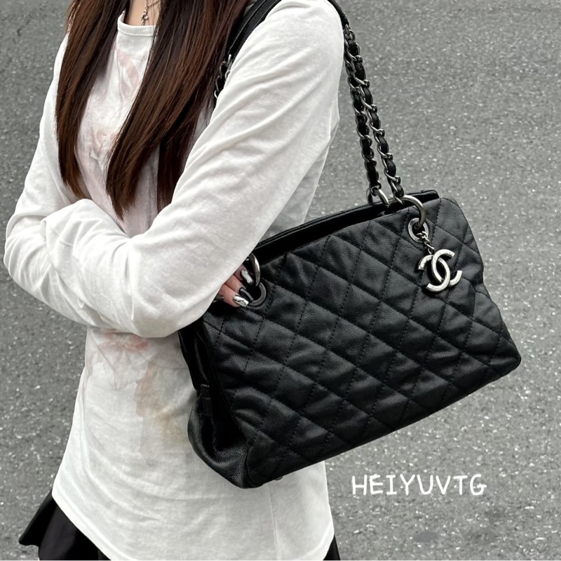 全網最低價😍Chanel香奈兒黑色復古銀扣荔枝皮托特包單肩手提包-0