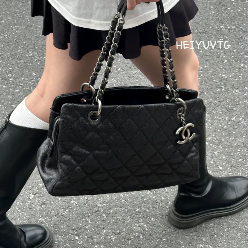 全網最低價😍Chanel香奈兒黑色復古銀扣荔枝皮托特包單肩手提包-2