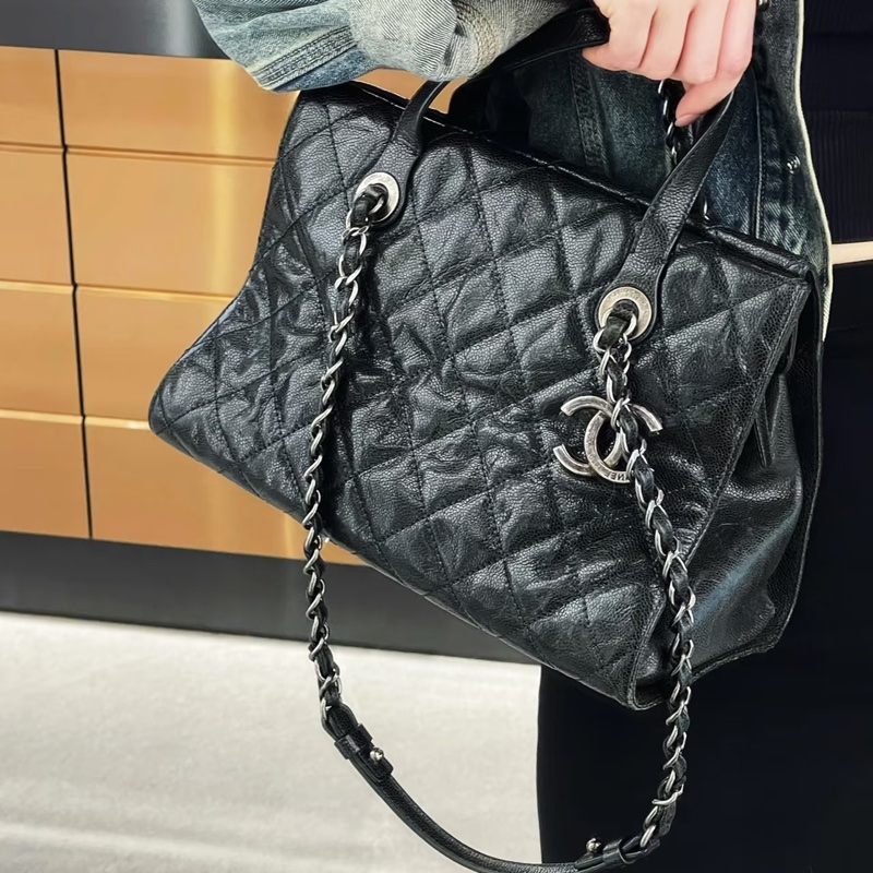 全網最低價😍Chanel香奈兒黑色復古銀扣荔枝皮托特包單肩手提包-3