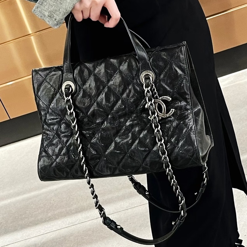 全網最低價😍Chanel香奈兒黑色復古銀扣荔枝皮托特包單肩手提包-4