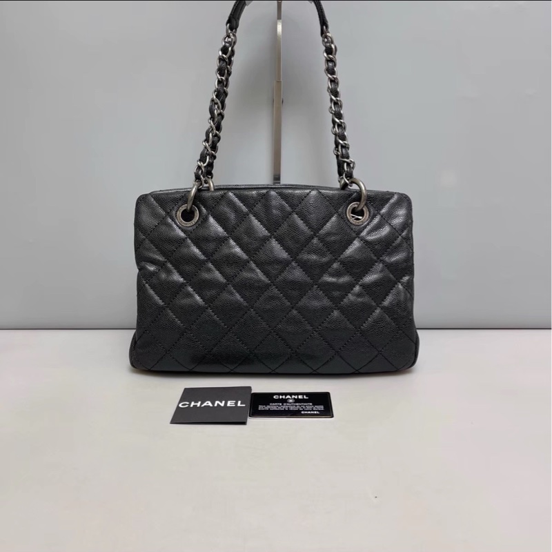 全網最低價😍Chanel香奈兒黑色復古銀扣荔枝皮托特包單肩手提包-8