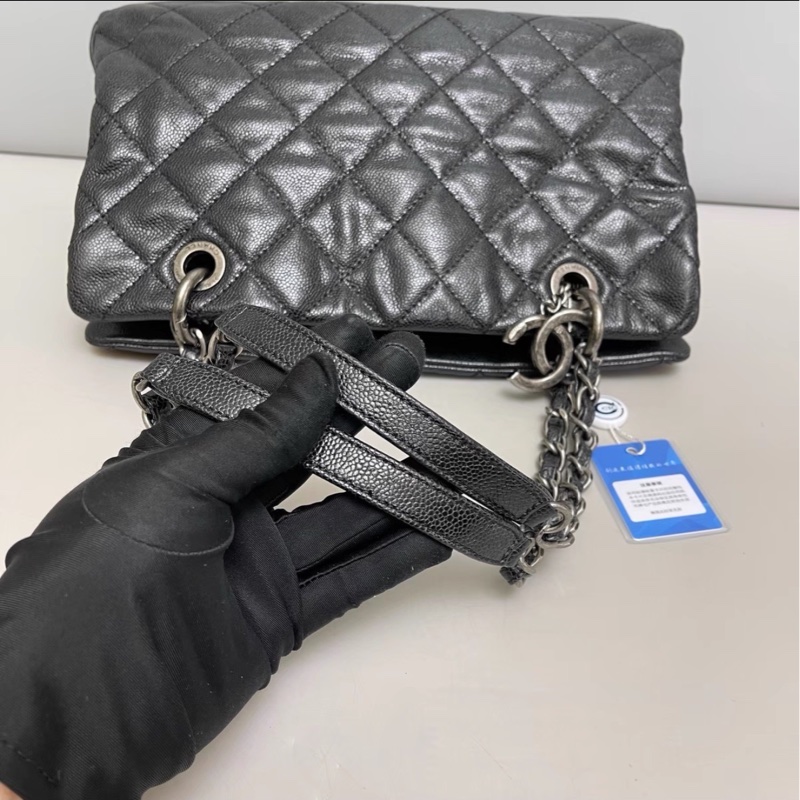 全網最低價😍Chanel香奈兒黑色復古銀扣荔枝皮托特包單肩手提包-12