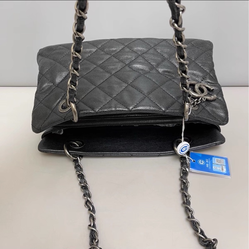全網最低價😍Chanel香奈兒黑色復古銀扣荔枝皮托特包單肩手提包-13