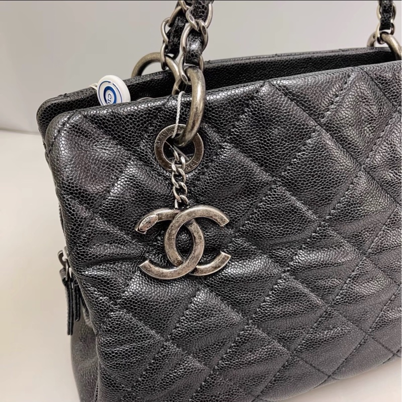 全網最低價😍Chanel香奈兒黑色復古銀扣荔枝皮托特包單肩手提包-14