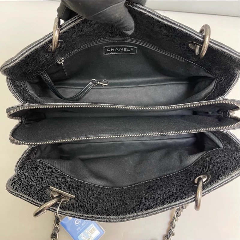 全網最低價😍Chanel香奈兒黑色復古銀扣荔枝皮托特包單肩手提包-15