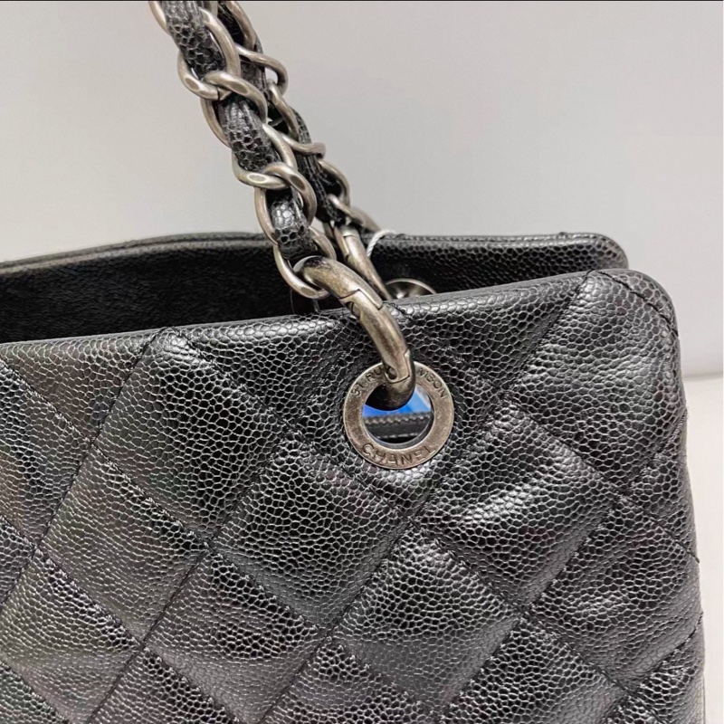 全網最低價😍Chanel香奈兒黑色復古銀扣荔枝皮托特包單肩手提包-17