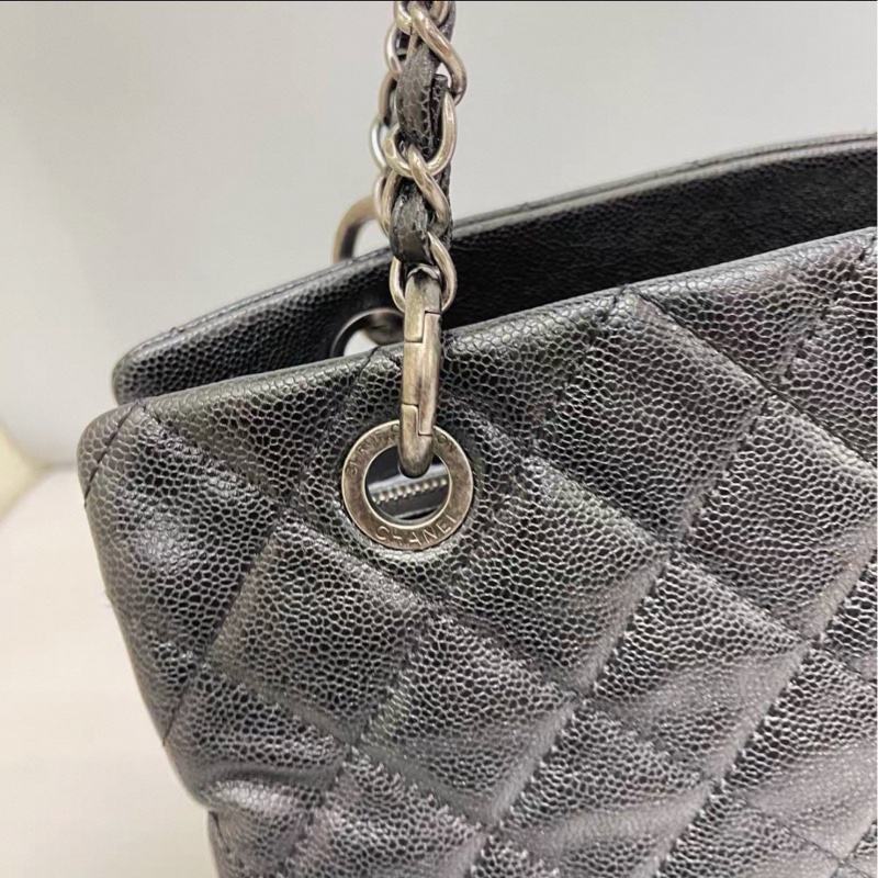 全網最低價😍Chanel香奈兒黑色復古銀扣荔枝皮托特包單肩手提包-19