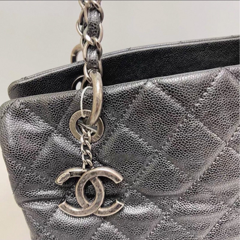 全網最低價😍Chanel香奈兒黑色復古銀扣荔枝皮托特包單肩手提包-20
