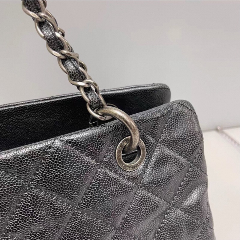 全網最低價😍Chanel香奈兒黑色復古銀扣荔枝皮托特包單肩手提包-21
