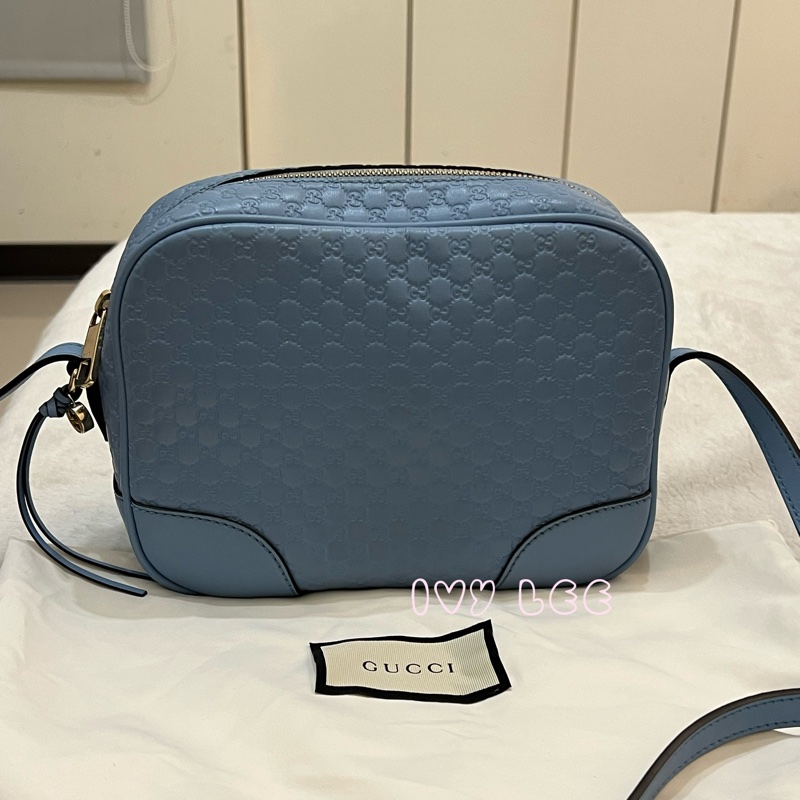 GUCCI  449413 壓紋LOGO ssima系列緹花牛皮斜背包 肩背包 水藍 相機包 正品 二手精品-0