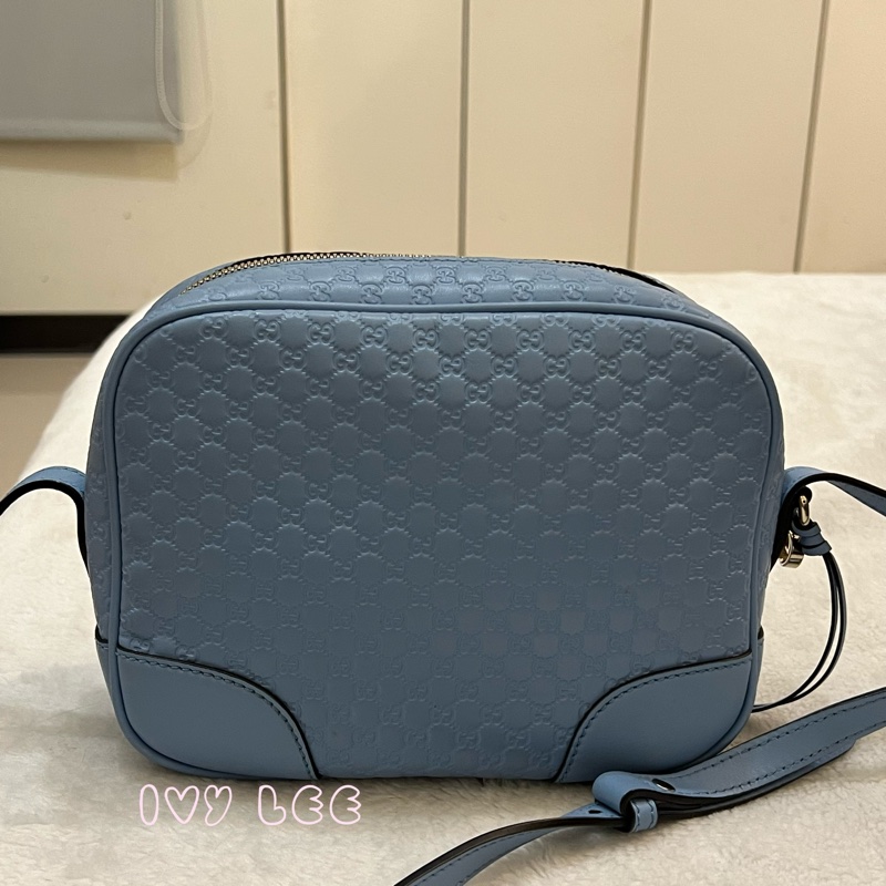 GUCCI  449413 壓紋LOGO ssima系列緹花牛皮斜背包 肩背包 水藍 相機包 正品 二手精品-1