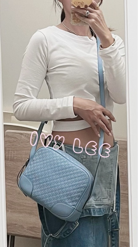 GUCCI  449413 壓紋LOGO ssima系列緹花牛皮斜背包 肩背包 水藍 相機包 正品 二手精品-2