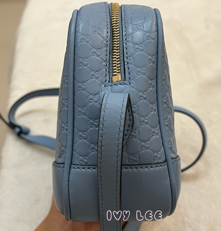 GUCCI  449413 壓紋LOGO ssima系列緹花牛皮斜背包 肩背包 水藍 相機包 正品 二手精品-3