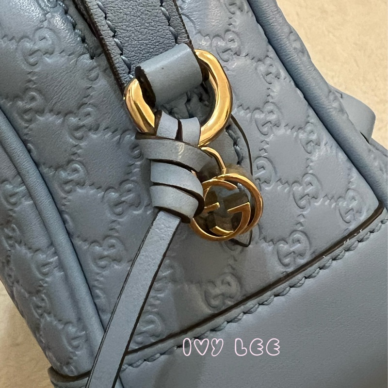 GUCCI  449413 壓紋LOGO ssima系列緹花牛皮斜背包 肩背包 水藍 相機包 正品 二手精品-5