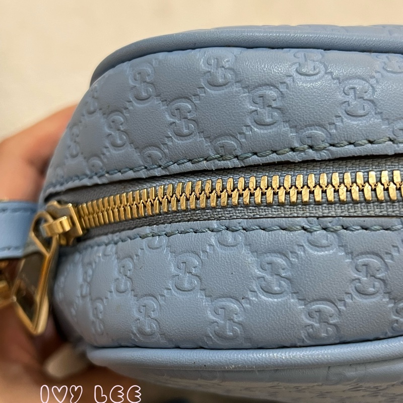 GUCCI  449413 壓紋LOGO ssima系列緹花牛皮斜背包 肩背包 水藍 相機包 正品 二手精品-18