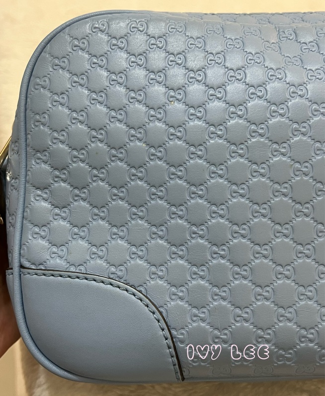GUCCI  449413 壓紋LOGO ssima系列緹花牛皮斜背包 肩背包 水藍 相機包 正品 二手精品-21