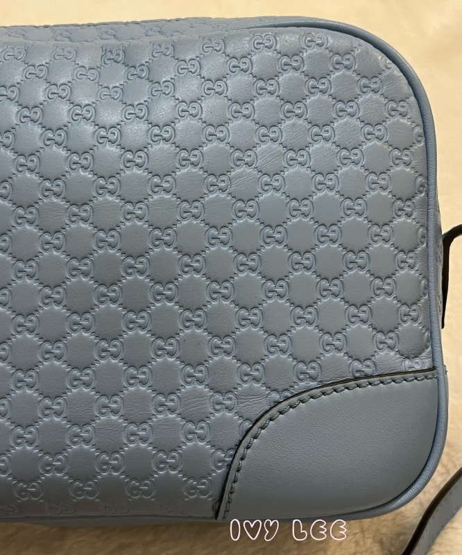 GUCCI  449413 壓紋LOGO ssima系列緹花牛皮斜背包 肩背包 水藍 相機包 正品 二手精品-22