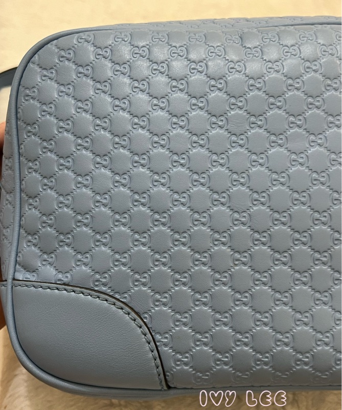 GUCCI  449413 壓紋LOGO ssima系列緹花牛皮斜背包 肩背包 水藍 相機包 正品 二手精品-23