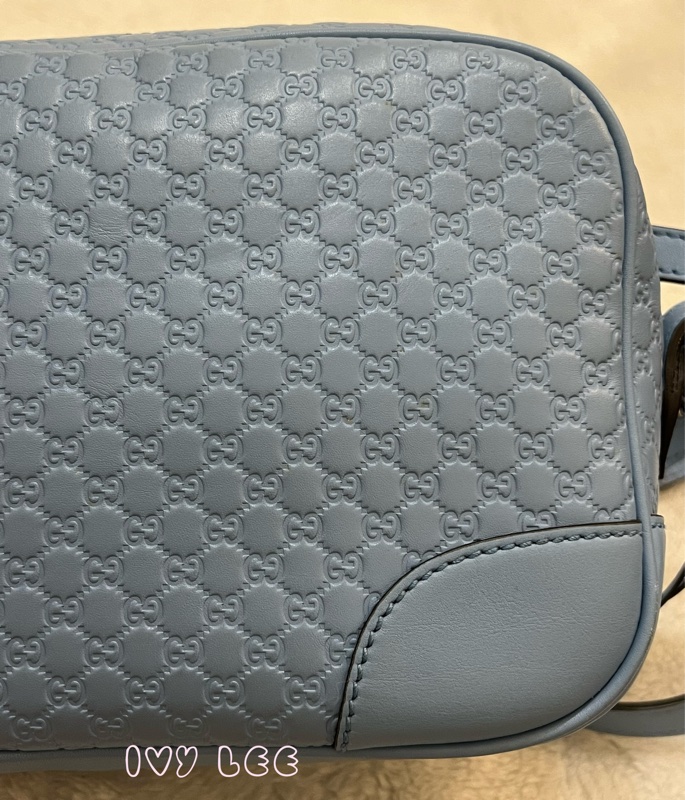 GUCCI  449413 壓紋LOGO ssima系列緹花牛皮斜背包 肩背包 水藍 相機包 正品 二手精品-24