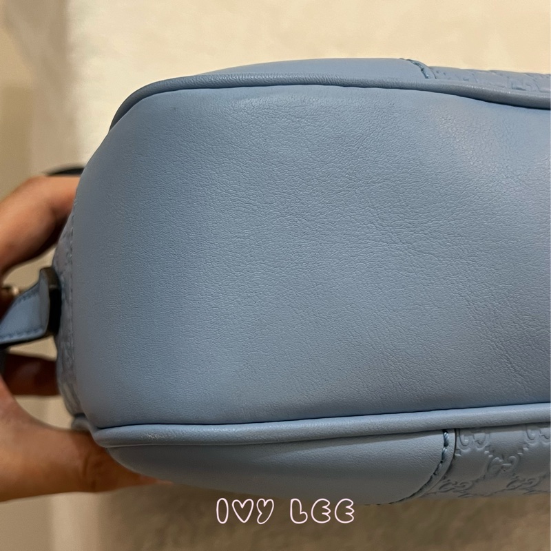 GUCCI  449413 壓紋LOGO ssima系列緹花牛皮斜背包 肩背包 水藍 相機包 正品 二手精品-25