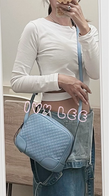 GUCCI  449413 壓紋LOGO ssima系列緹花牛皮斜背包 肩背包 水藍 相機包 正品 二手精品-28